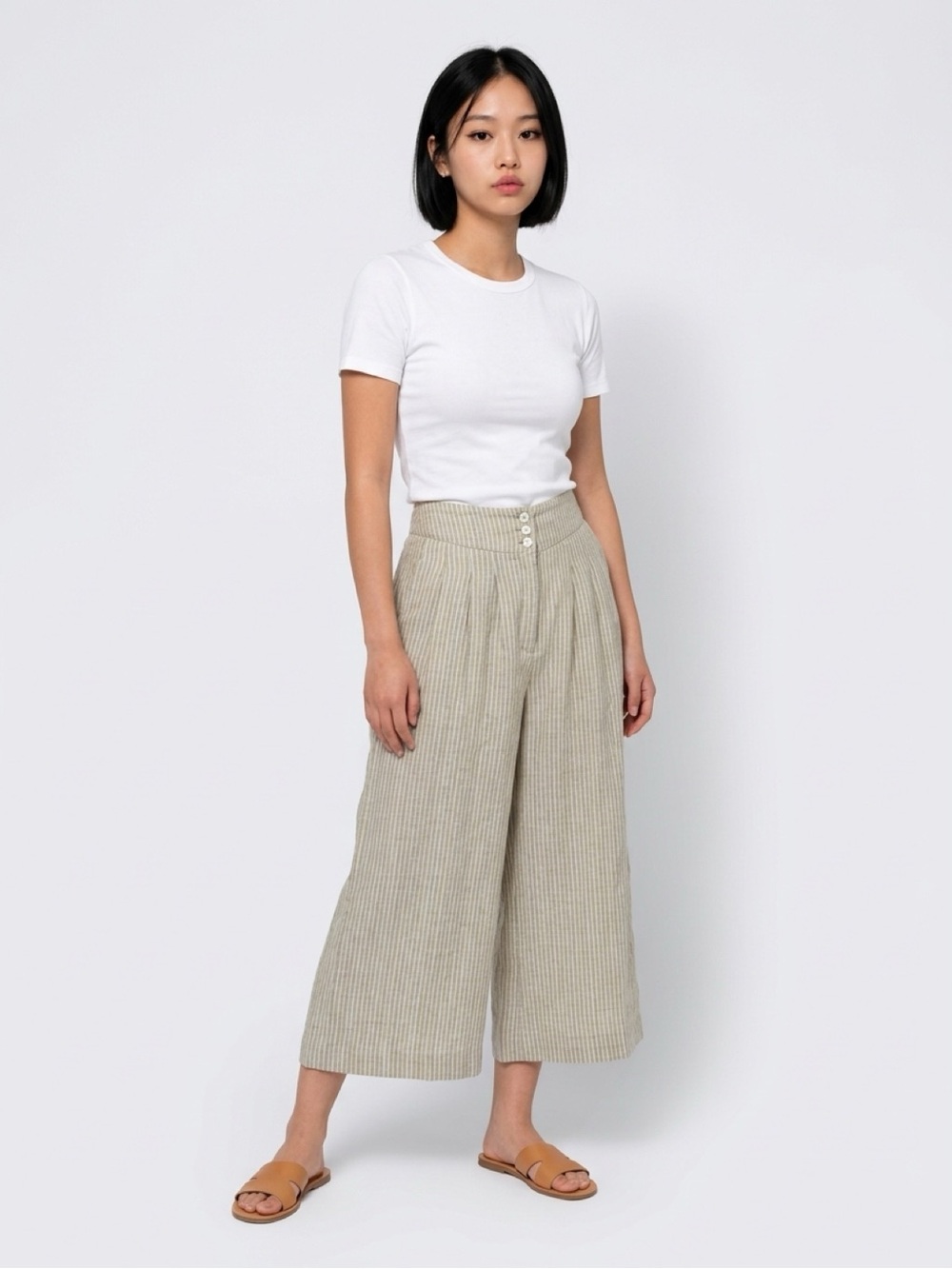 Poetry Light Beige Striped Wide-Leg Cropped Pants